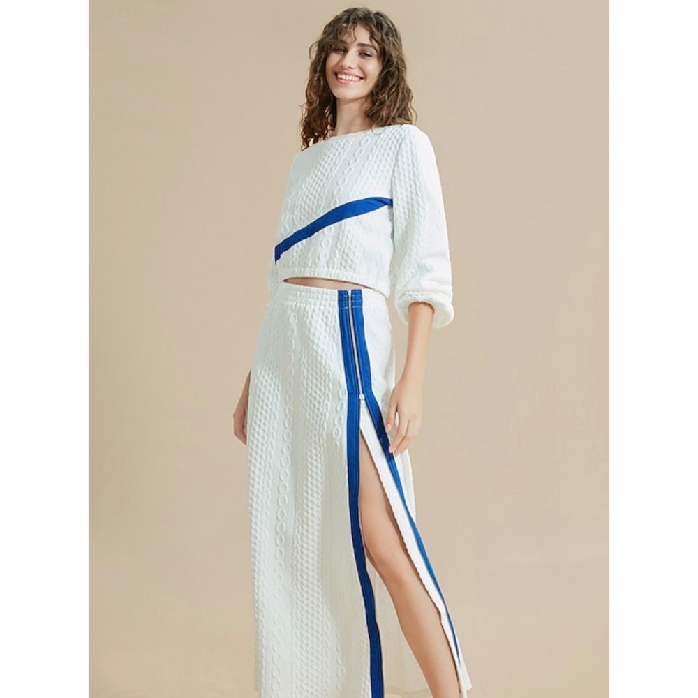 Ador White Cable Knit 2 Piece Maxi Skirt Set Blue Stripe Side Zip Small NWT